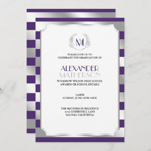 Laurel Monogrammed Purple and Silver Graduation Invitation