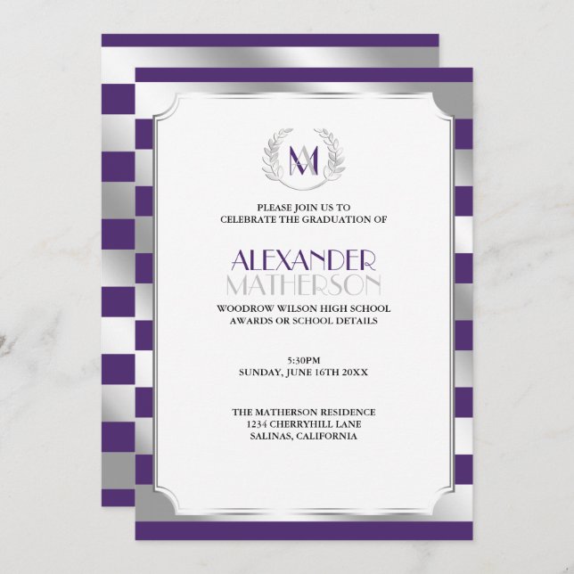Laurel Monogrammed Purple and Silver Graduation Invitation (Front/Back)