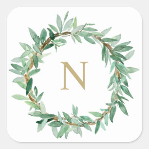 Laurel Olive Leaf Wreath Monogram Sticker