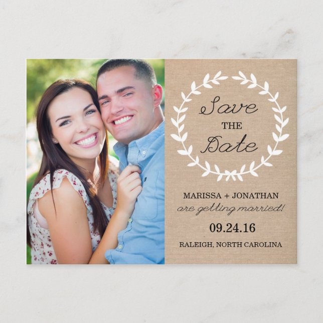 Laurel Save the Date Photo Postcard / Burlap (Front)