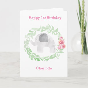 Laurel Watercolor Grey Elephant 1st Birthday Card
