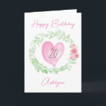 Laurel Watercolor Pink Heart 20th Birthday Card<br><div class="desc">A green watercolor laurel and pink flowers with a pink watercolor heart  featured on the front of this personalised 20th birthday card for her. You will be able to easily personalise the front with her name and birthday message inside. This would make a wonderful 20th card keepsake for her.</div>