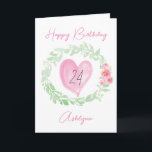 Laurel Watercolor Pink Heart 24th Birthday Card<br><div class="desc">A green watercolor laurel and pink flowers with a pink watercolor heart  featured on the front of this personalised 24th birthday card for her. You will be able to easily personalise the front with her name and birthday message inside. This would make a wonderful 24th card keepsake for her.</div>