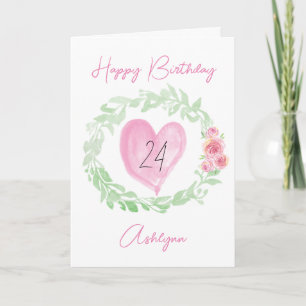 Laurel Watercolor Pink Heart 24th Birthday Card