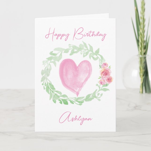 Laurel Watercolor Pink Heart Card (Front)
