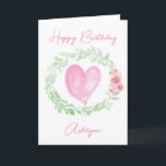 Laurel Watercolor Pink Heart Card<br><div class="desc">A green watercolor laurel and pink flowers with a pink watercolor heart featured on the front of this personalised birthday card for her. You will be able to easily personalise the front with her name and birthday message inside. This would make a wonderful birthday keepsake card for her.</div>