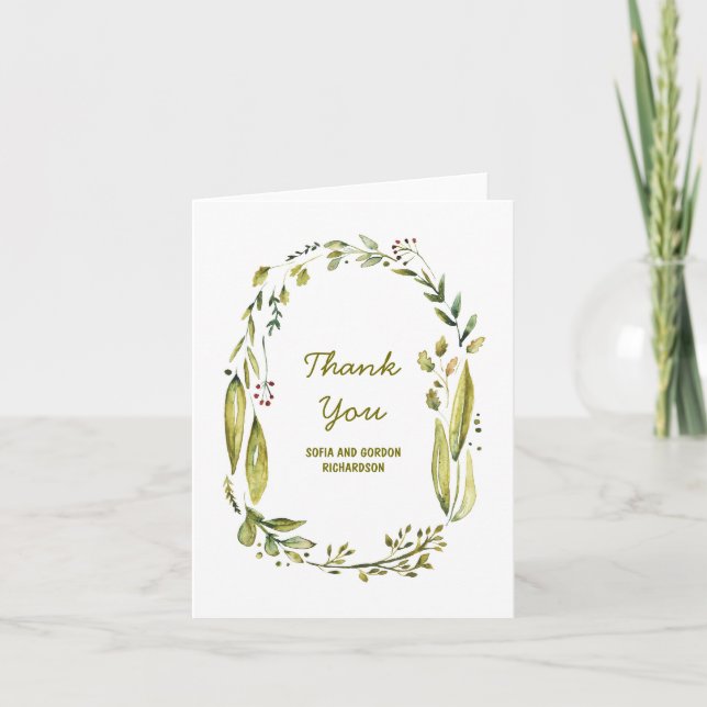Laurel Woodland Watercolor Wedding Thank You (Front)