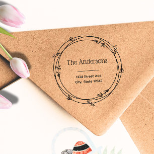 Laurel Wreath Custom Family Name Return Address Rubber Stamp