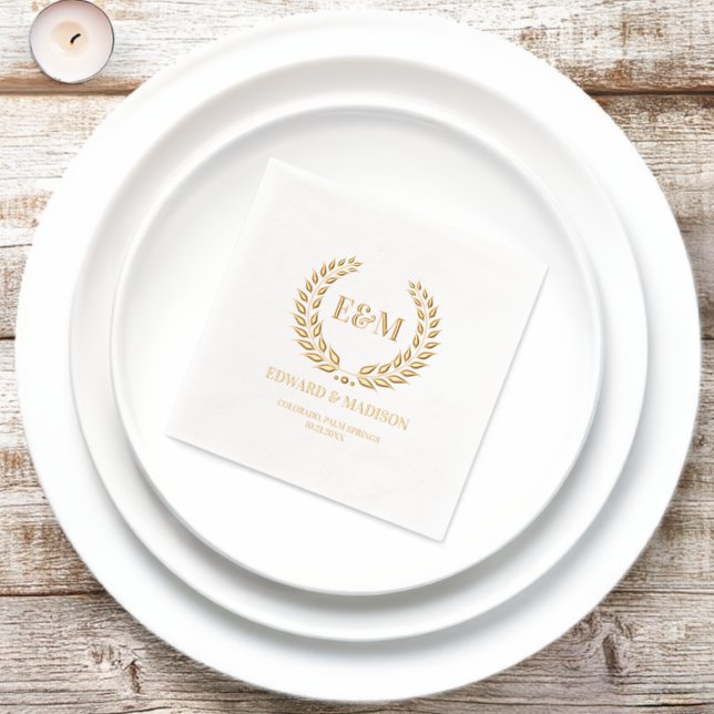 Laurel Wreath Custom Wedding Initials Foil Napkins (Insitu)