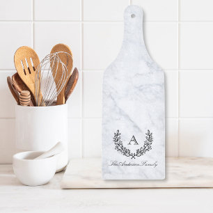 Laurel Wreath Family Name Monogram Paddle Glass Cutting Board
