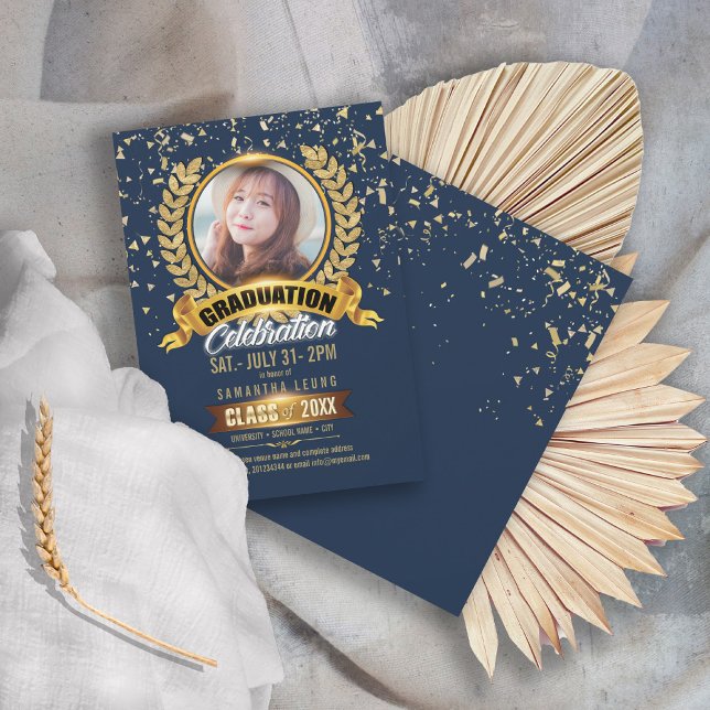 Laurel Wreath Graduation Photo Navy/Gold ID833 Invitation (Creator Uploaded)