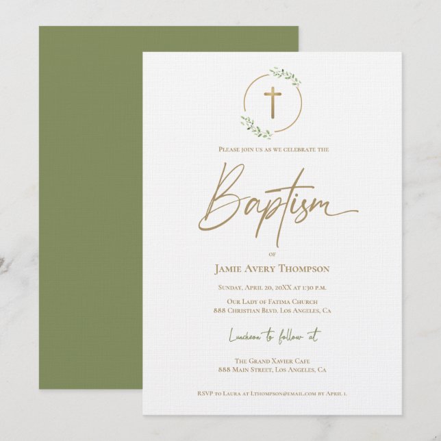 Laurel Wreath Green Gilded Gold Cross Baptism Invitation (Front/Back)