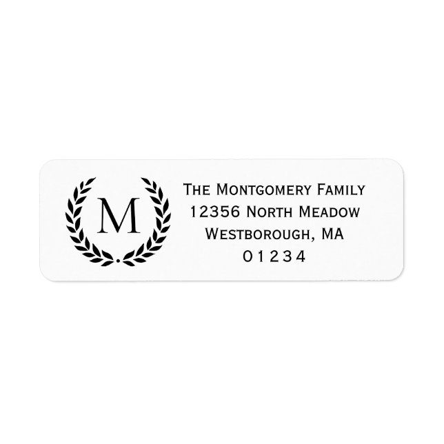 Laurel Wreath Monogram Black White Return Address Label (Front)