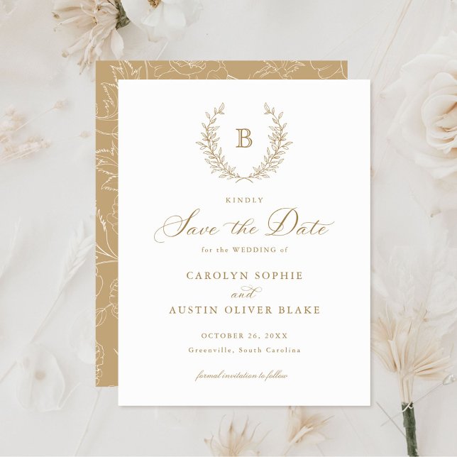 Laurel Wreath Monogram Crest Wedding Save the Date Invitation (Creator Uploaded)