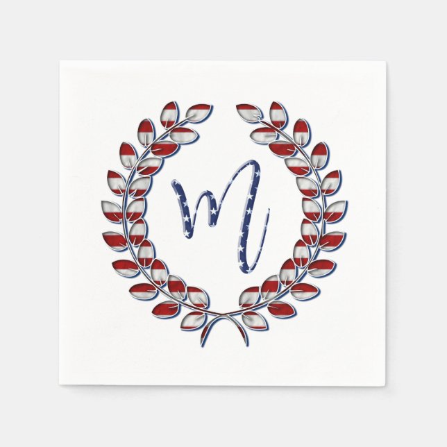 Laurel Wreath Monogram M Stars and Stripes USA Napkin (Front)