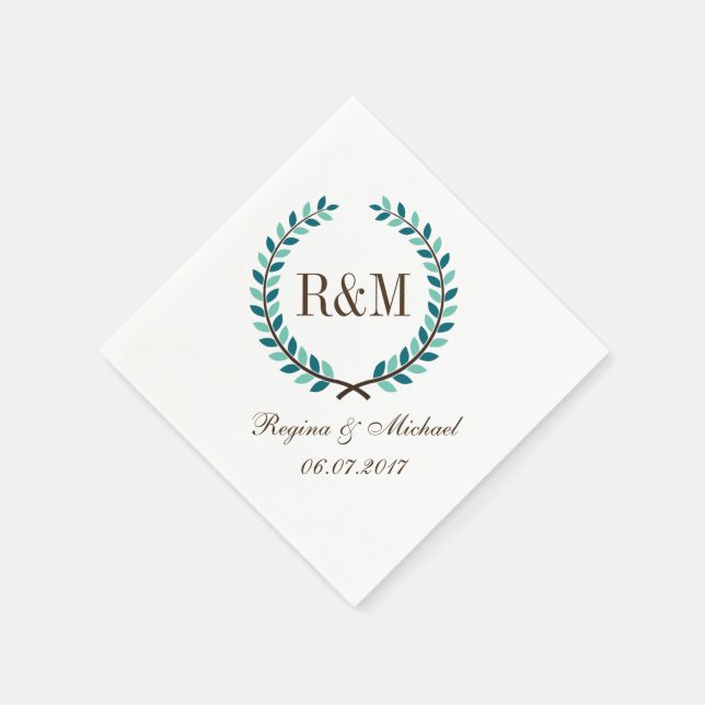 Laurel Wreath Monogram Wedding Napkin Blue White (Corner)