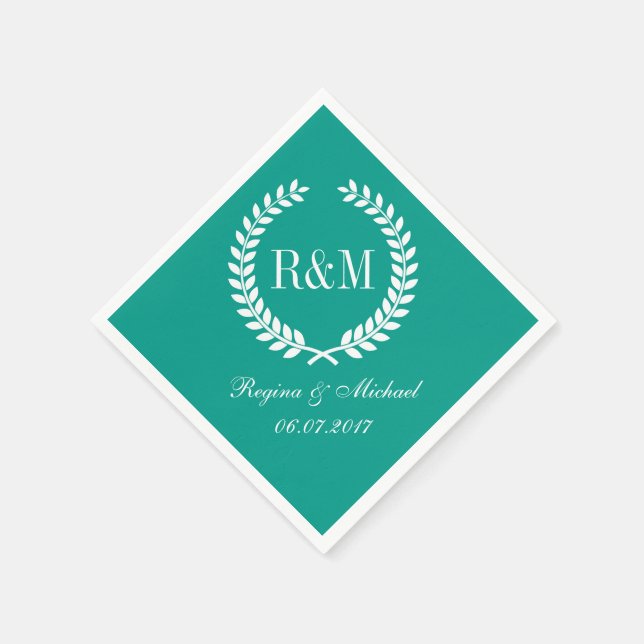 Laurel Wreath Monogram Wedding Napkin Teal Blue (Corner)