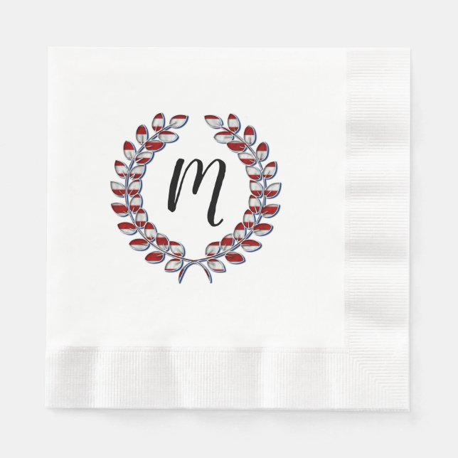 Laurel Wreath Monogrammed Red Striped Pattern Napkin (Front)