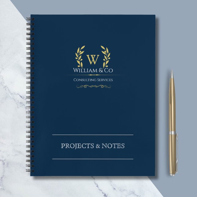Laurel Wreath Navy Blue Gold Monogram Business Notebook (Creator Uploaded)