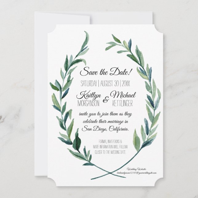 Laurel Wreath Olive Foliage Photo Save the Date Invitation (Front)