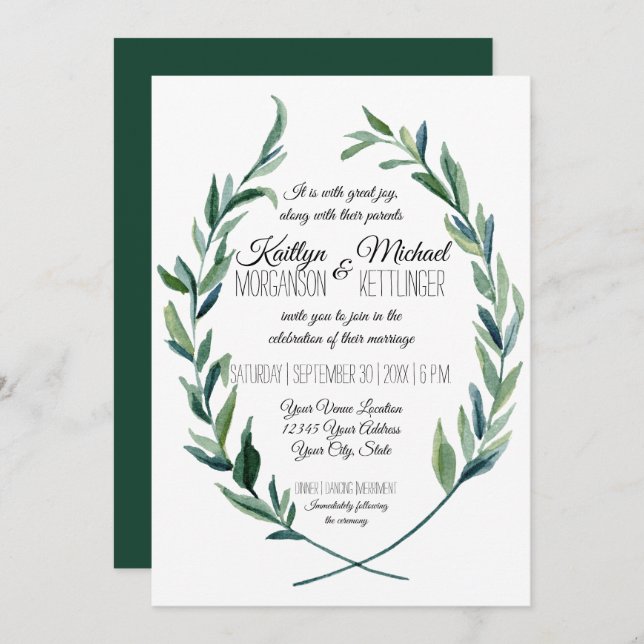 Laurel Wreath Olive Leaf Modern Emerald Green  Invitation (Front/Back)
