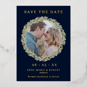 Laurel Wreath on Navy Photo Wedding Save the Date
