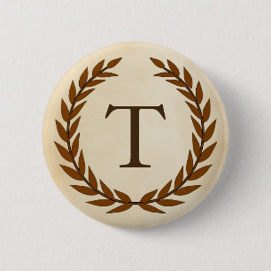 Laurel Wreath on Parchment Monogram Initial T 6 Cm Round Badge