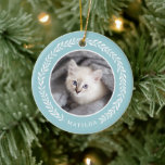 Laurel Wreath Pet Photo Christmas Ornament | Blue<br><div class="desc">Show off your favourite furry animal with this simple,  stylish photo ornament in pale blue and white.  Easy to customise with your pet's name and photo or use as a non-pet photo ornament!</div>