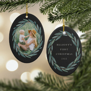 Laurel Wreath   Photo & Caption Christmas Ceramic Ornament