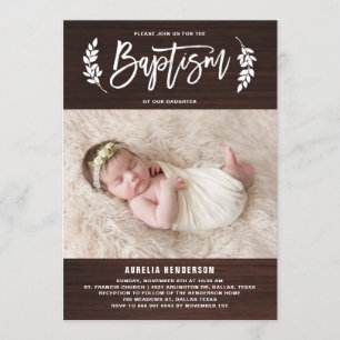 Laurel Wreath Rustic Wood Photo Baptism Invitation