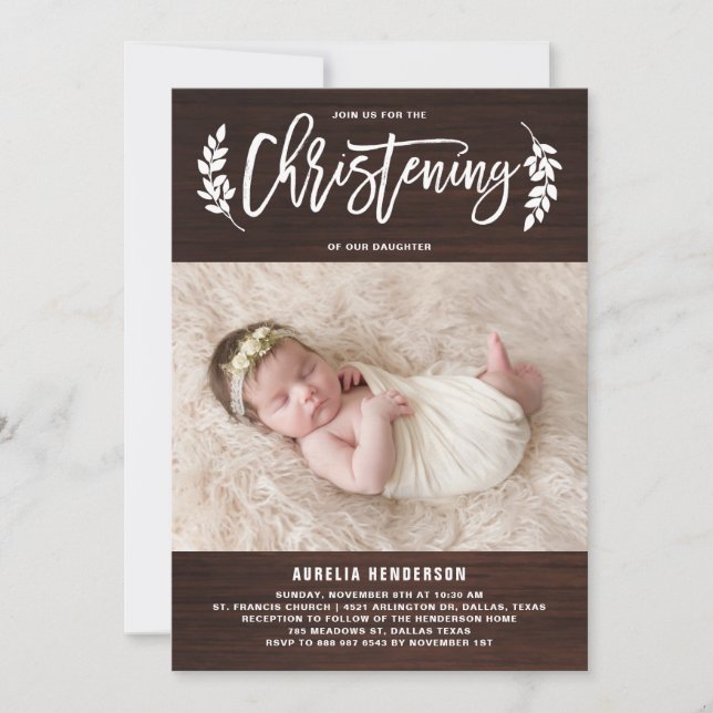 Laurel Wreath Rustic Wood Photo Christening Invitation (Front)