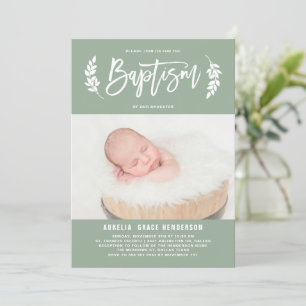 Laurel Wreath Sage Green Photo Baptism Invitation