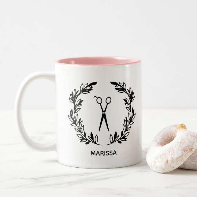 Laurel Wreath Scissors Hair Stylist Add Name Two-Tone Coffee Mug (With Donut)