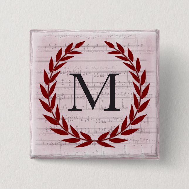 Laurel Wreath Sheet Music Monogram Initial M 15 Cm Square Badge (Front)