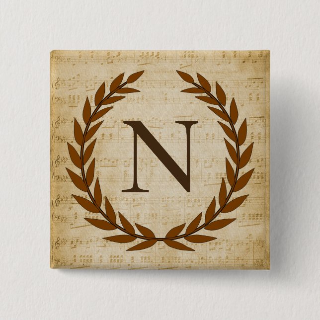 Laurel Wreath Sheet Music Monogram Initial N 15 Cm Square Badge (Front)