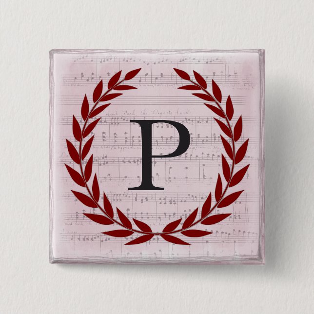Laurel Wreath Sheet Music Monogram Initial P 15 Cm Square Badge (Front)