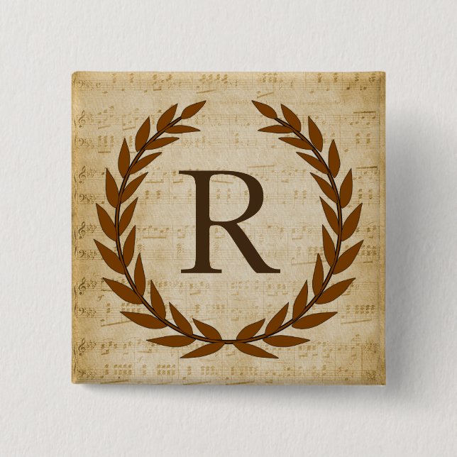 Laurel Wreath Sheet Music Monogram Initial R 15 Cm Square Badge (Front)