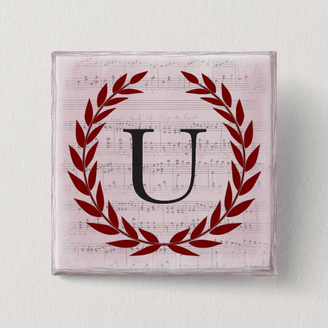 Laurel Wreath Sheet Music Monogram Initial U 15 Cm Square Badge (Front)