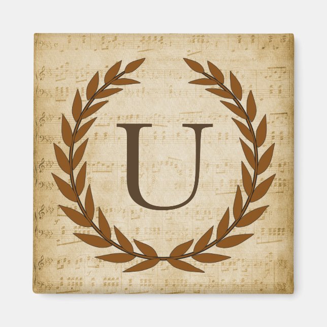 Laurel Wreath Sheet Music Monogram Initial U Magnet (Front)