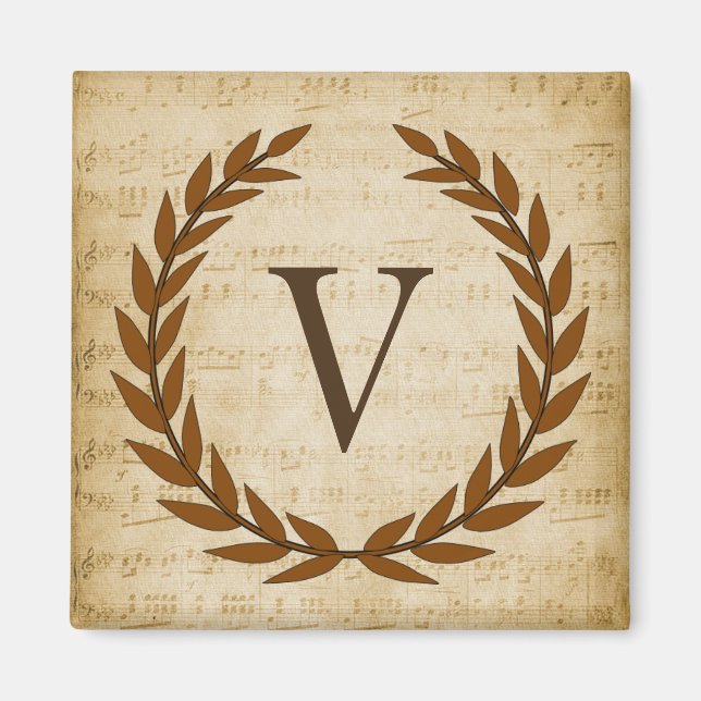 Laurel Wreath Sheet Music Monogram Initial V Magnet (Front)