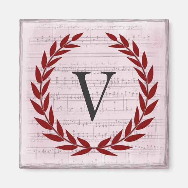 Laurel Wreath Sheet Music Monogram Initial V Magnet (Front)