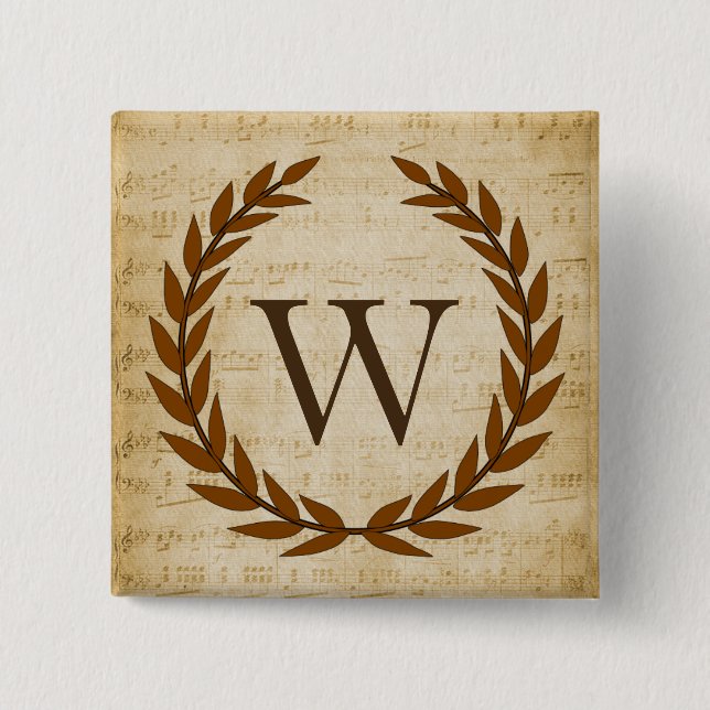 Laurel Wreath Sheet Music Monogram Initial W 15 Cm Square Badge (Front)