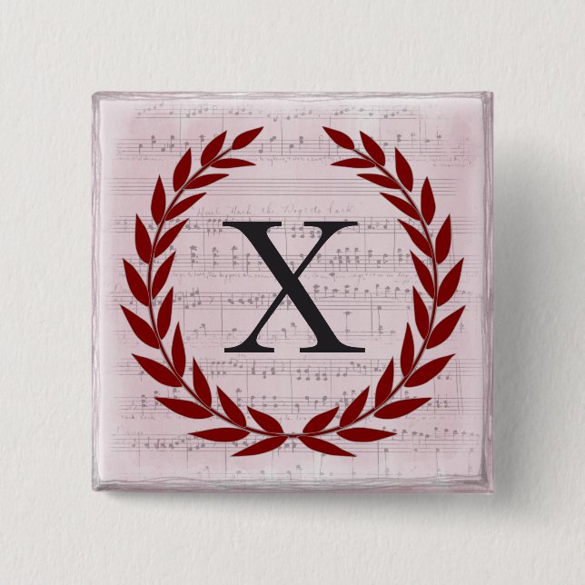 Laurel Wreath Sheet Music Monogram Initial X 15 Cm Square Badge (Front)