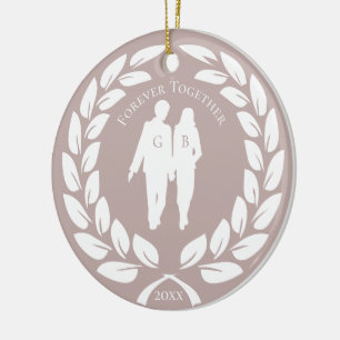 Laurel Wreath Wedding Couple Rose Gold Monogrammed Ceramic Ornament