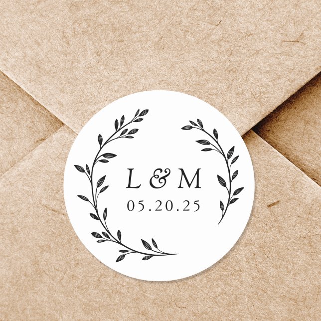 Laurel Wreath Wedding Monogram Classic Round Sticker (Creator Uploaded)