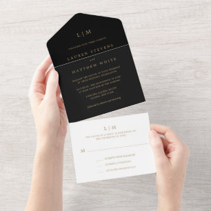 Lauren Black and Gold Monogram Elegant Wedding All In One Invitation