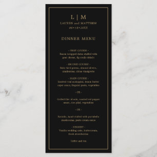 Lauren Black and Gold Monogram Elegant Wedding Menu