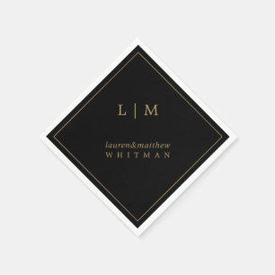 Lauren Black and Gold Monogram Elegant Wedding Napkin