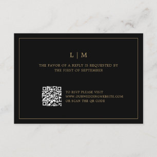 Lauren Black and Gold Monogram Elegant Wedding RSVP Card