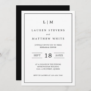 Lauren Black and White Elegant Rehearsal Dinner Invitation